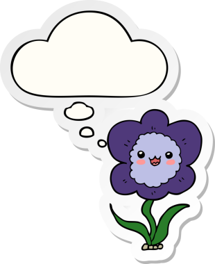 Düşünce baloncuklu karikatür çiçeği insan tarafından çizilmiş bir çıkartma gibi.