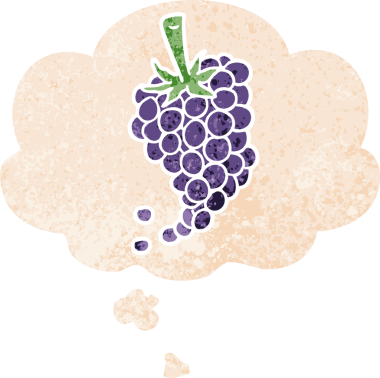 Düşünce baloncuklu karikatür üzümleri grunge sıkıntılı retro dokuma tarzı bir insan tarafından çizilmiş