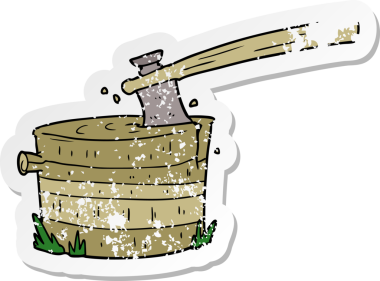 Bir insan tarafından çizilmiş baltayla çizilmiş bir ağaç kütüğünün sıkıntılı etiketi.