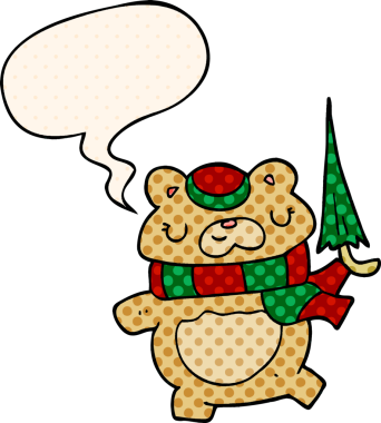 Şemsiyeli çizgi film ayısı. Bir insan tarafından çizilmiş çizgi roman tarzında konuşma balonu.