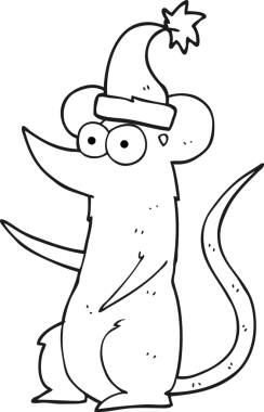 Bir insan tarafından çizilmiş Noel şapkası takan siyah beyaz bir fare çizildi.