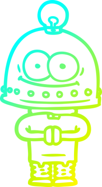 Bir insan tarafından çizilmiş ampullü mutlu bir robot çizimi.