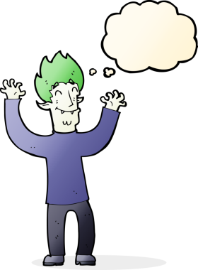 Bir insan tarafından çizilmiş düşünce balonlu mutlu vampir adam çizgi filmi.