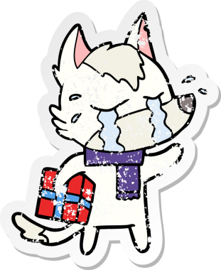 Bir insan tarafından çizilmiş Noel hediyeli, ağlayan bir karikatür çıkartması.