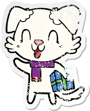 Bir insan tarafından çizilmiş noel hediyeli, gülen bir köpeğin kederli çıkartması.