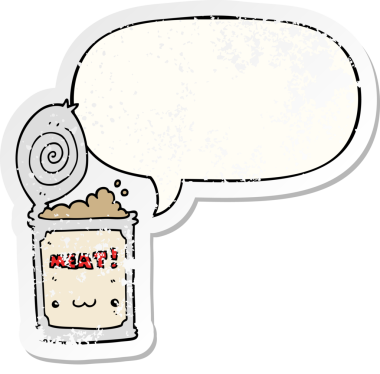 Bir insan tarafından çizilmiş karikatür, konuşma baloncuklu konserve yiyecekler sıkıntılı eski bir çıkartma