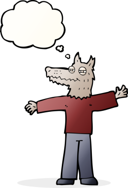 Bir insan tarafından çizilmiş düşünce balonlu mutlu kurt adam çizgi filmi.