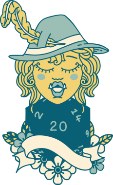 Retro Dövme Tarzı Bir insan tarafından çizilmiş 20 zarlı yarı ork ozan karakteri