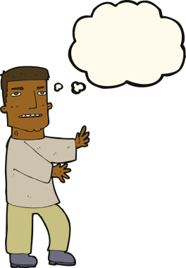 Bir insan tarafından çizilmiş düşünce balonuyla hareket eden bir karikatür adamı.