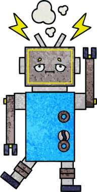 Bir insan tarafından çizilmiş arızalı bir robotun retro grunge desen karikatürü