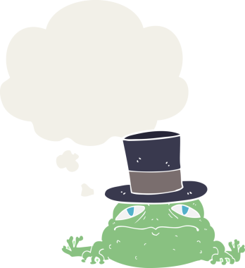 Düşünce baloncuğu olan zengin kara kurbağası insan tarafından çizilmiş.