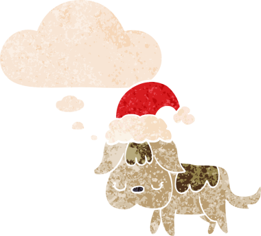 Düşünce baloncuğu olan sevimli bir noel köpeği. Bir insan tarafından çizilmiş dertli eski moda bir resim.