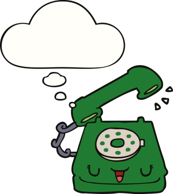 Bir insan tarafından çizilmiş düşünce baloncuklu şirin bir çizgi film telefonu.