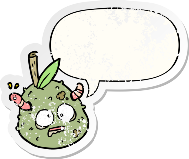 Karikatür çürüyen eski bir armut ve konuşma baloncuğu bir insan tarafından çizilmiş sıkıntılı eski bir çıkartma