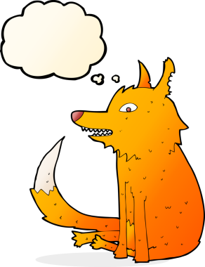 Bir insan tarafından çizilmiş düşünce baloncuğuyla oturan tilki.