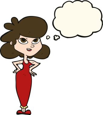 Bir insan tarafından çizilmiş düşünce baloncuğu olan elleri kalçasında çizgi film kızı.