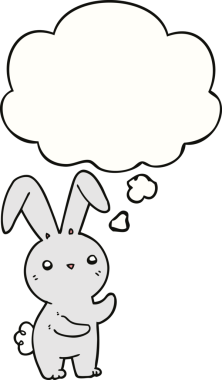 Bir insan tarafından çizilmiş düşünce kabarcığı olan sevimli çizgi film tavşanı.