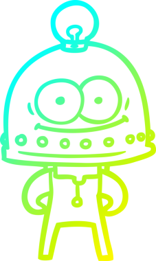 Bir insan tarafından çizilmiş ampullü mutlu bir robot çizimi.