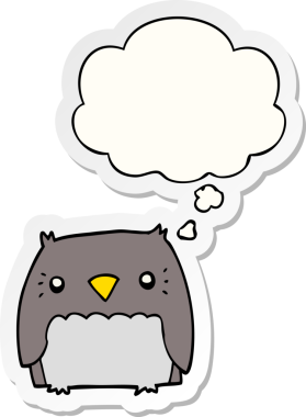 Bir insan tarafından çizilmiş bir çıkartma olarak düşünce baloncuğu olan sevimli çizgi film baykuşu.