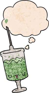 Bir insan tarafından çizilmiş grunge doku tarzında düşünce baloncuğu olan karikatür şırıngası