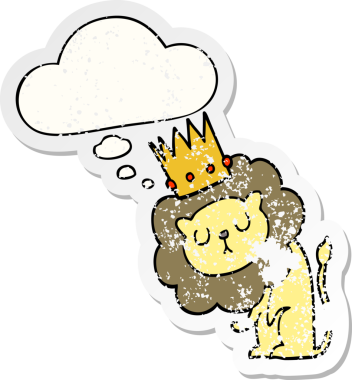 Düşünce baloncuklu taç takan çizgi film aslanı insan tarafından çizilmiş yıpranmış bir çıkartma gibi.