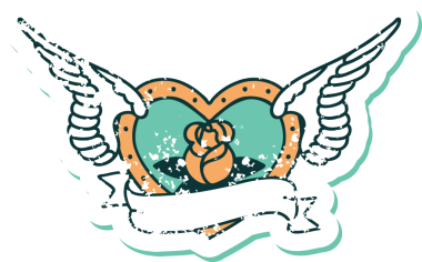 Bir insan tarafından çizilmiş çiçek ve pankartıyla uçan bir kalbin sembolik dövmeli resmi.