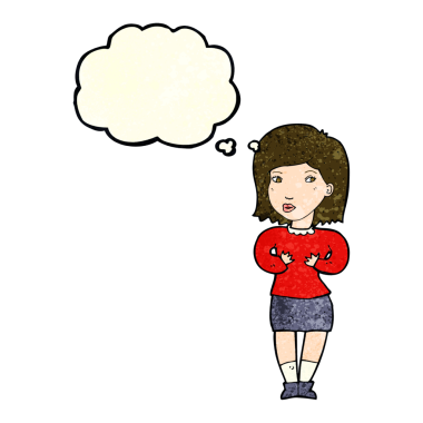 Bir insan tarafından çizilmiş düşünce baloncuğuyla bahaneler üreten çizgi film kadını.