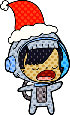 Bir insan tarafından çizilmiş Noel Baba şapkası giyen konuşan astronot bir kadının el çizimi çizgi roman çizimi.