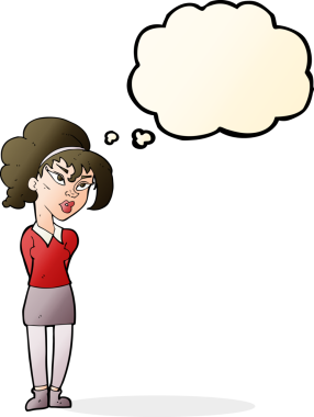 Bir insan tarafından çizilmiş düşünce baloncuğuyla başını eğen güzel kız.