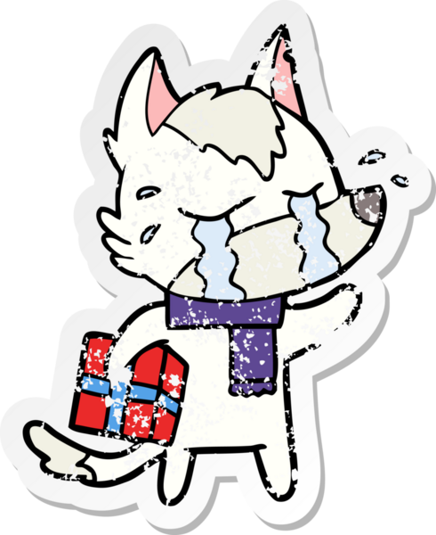 Bir insan tarafından çizilmiş Noel hediyeli, ağlayan bir karikatür çıkartması.