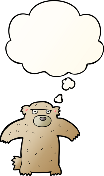 Bir insan tarafından çizilmiş yumuşak eğimli düşünce baloncuklu çizgi film ayısı.