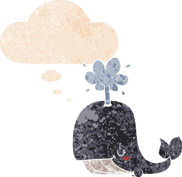 Düşünce baloncuklu çizgi film balinası grunge sıkıntılı retro dokulu bir insan tarafından çizilmiş