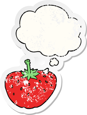 Düşünce baloncuklu karikatür çileği bir insan tarafından çizilmiş yıpranmış bir çıkartma.