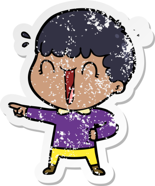 Bir insan tarafından çizilmiş, gülen bir çizgi film karakterinin sıkıntılı çıkartması.