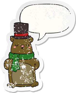 Konuşma baloncuğu olan çizgi film ayısı bir insan tarafından çizilmiş sıkıntılı eski bir çıkartma