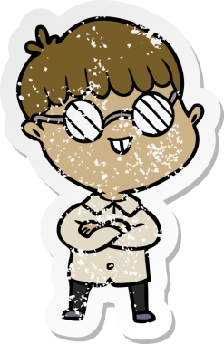 Bir insan tarafından çizilmiş gözlük takan çizgi film karakterinin sıkıntılı çıkartması.