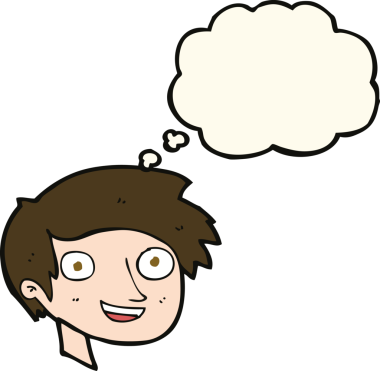 Bir insan tarafından çizilmiş düşünce baloncuklu mutlu çocuk yüzü.