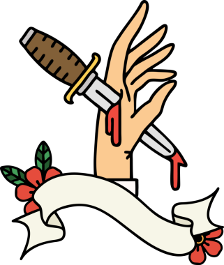 Geleneksel dövme, insan eliyle çizilmiş bir hançer sancağıyla.