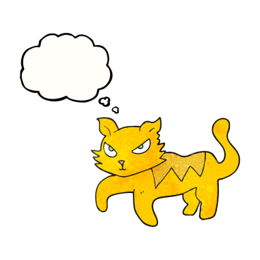 Bir insan tarafından çizilmiş serbest çizim düşünce kabarcığı desenli çizgi film kedisi