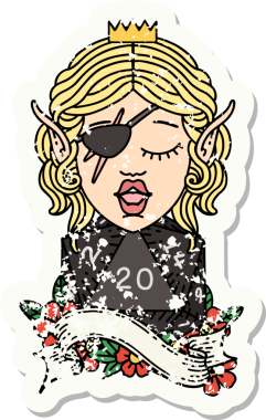 Bir insan tarafından çizilmiş doğal yirmi zarlı bir elf hırsızının grunge sticker 'ı