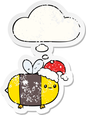 Karikatür noel arısı. Düşünce baloncuğu insan tarafından çizilmiş yıpranmış bir çıkartma.