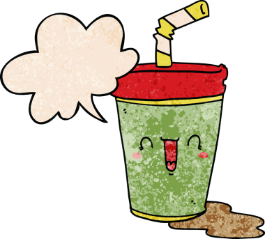 Bir insan tarafından çizilmiş eski moda konuşma baloncuklu tatlı bir karikatür soda.