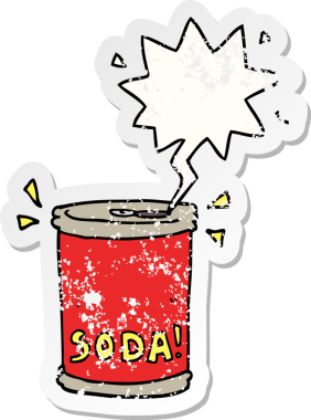 Bir insan tarafından çizilmiş, sıkıntılı, karikatür soda kutusu ve konuşma balonu.