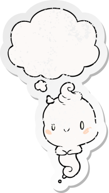 Düşünce baloncuğu olan karikatür hayaleti bir insan tarafından çizilmiş yıpranmış bir çıkartma.