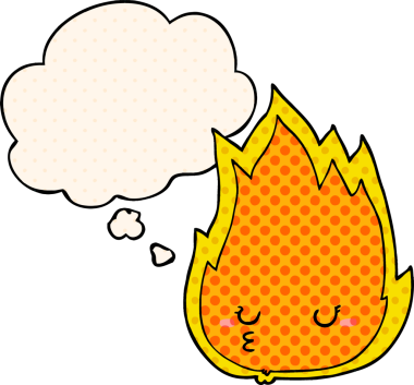 Bir insan tarafından çizilmiş çizgi roman tarzında düşünce baloncuğu olan sevimli çizgi film ateşi.
