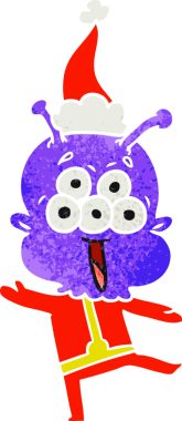 Bir insan tarafından çizilmiş Noel Baba şapkasıyla dans eden bir uzaylının mutlu el çizimi karikatürü.