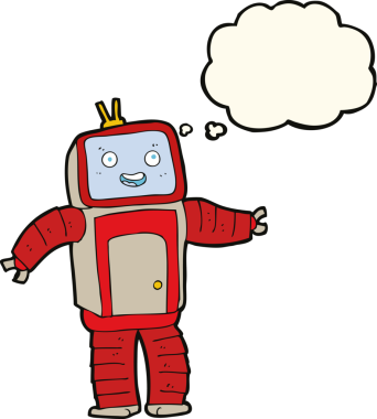 Bir insan tarafından çizilmiş düşünce baloncuklu çizgi film robotu