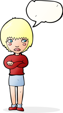 Bir insan tarafından çizilmiş konuşma baloncuğuyla rahatsız bir kadın.