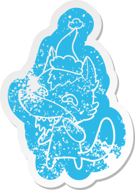 Bir insan tarafından çizilmiş Noel Baba şapkası takan aç bir kurdun garip karikatürü.