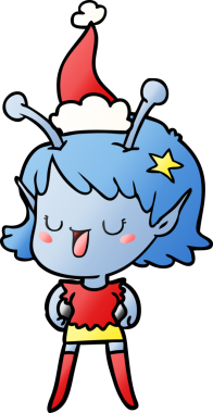 Mutlu uzaylı kız el çizimi. Bir insan tarafından çizilmiş Noel Baba şapkası.